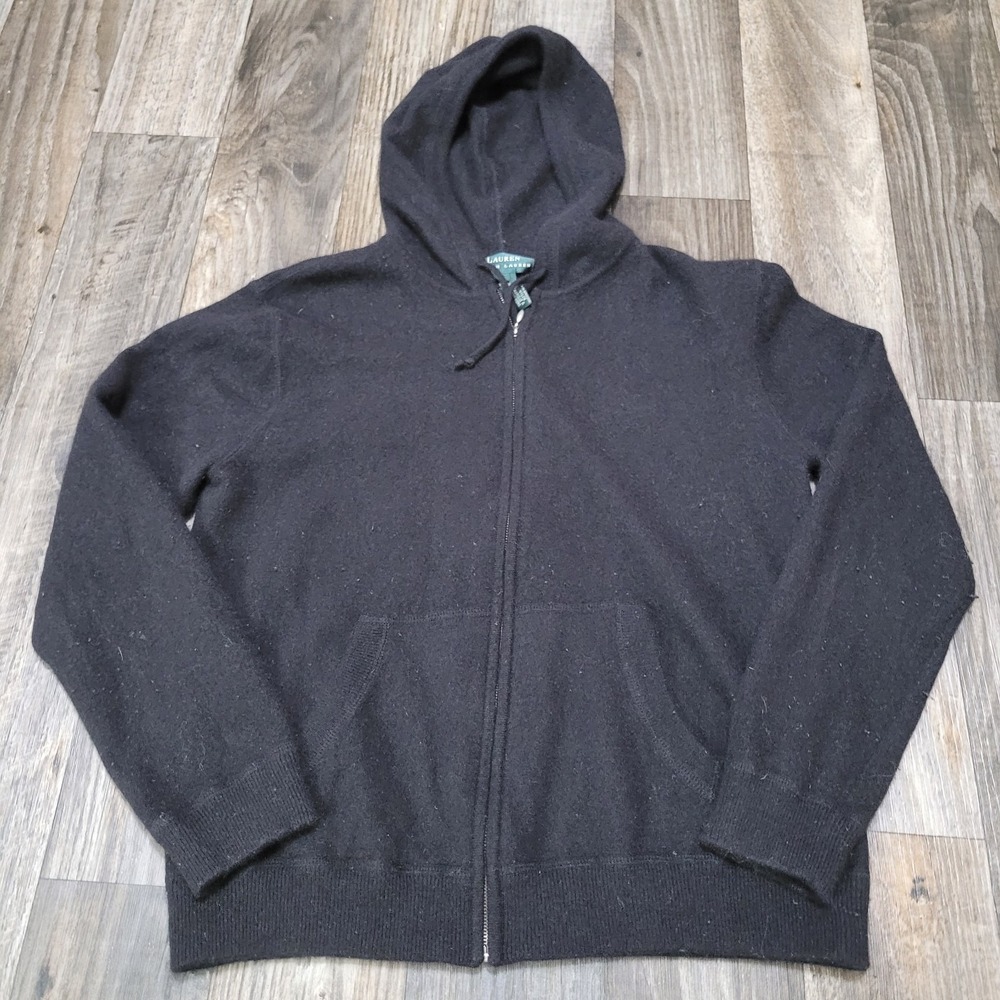 Lauren Ralph Lauren Cashmere Angora Merino Wool Zip Hoodie Sweater Black Women L